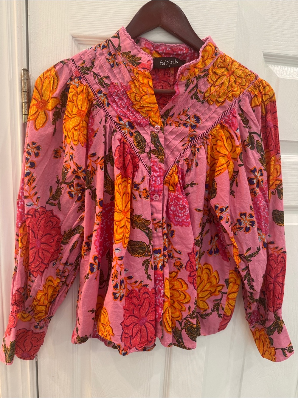 fab'rik Pink Floral Button-Front Peasant Blouse